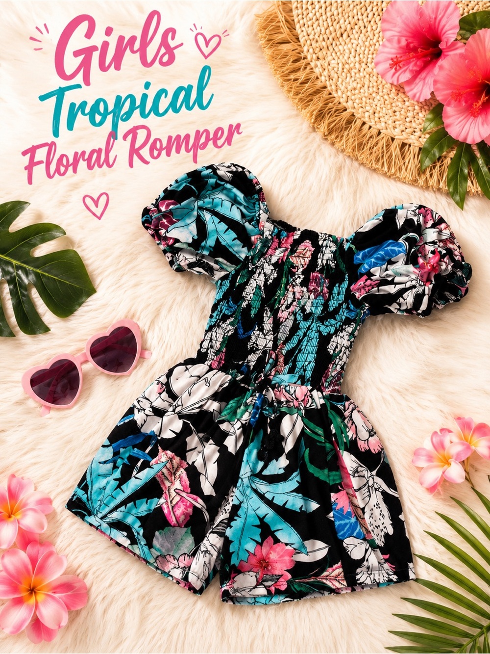 Girls Tropical Floral Romper - Black Floral Print